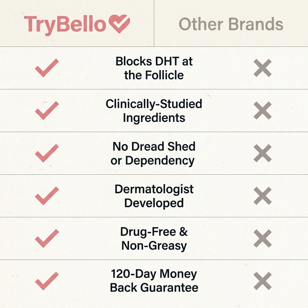 A chart comparing TryBello, which has checkmarks for every feature, to other brands, which have X's.