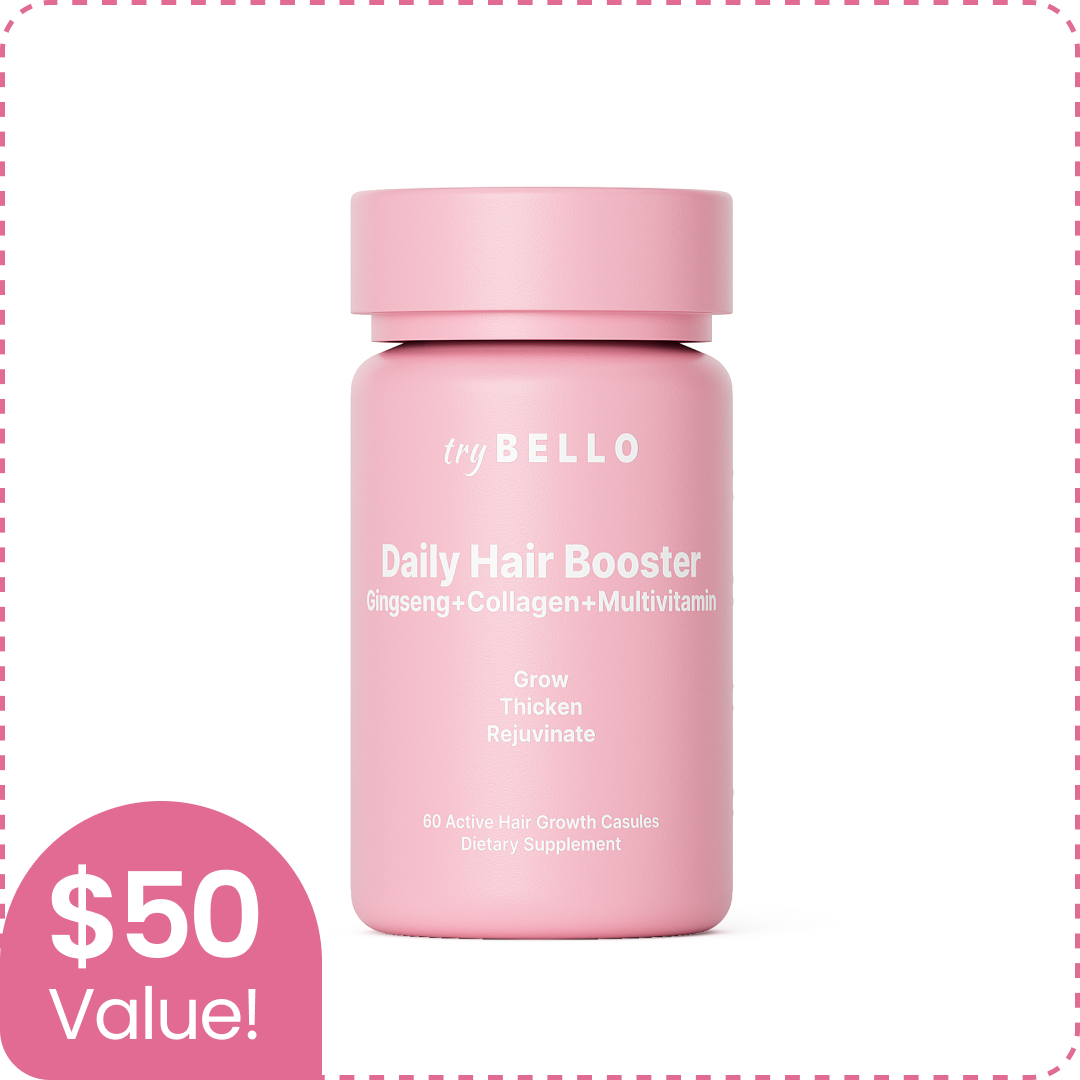 Pink bottle labeled 'Daily Hair Booster' with a $50 value tag.