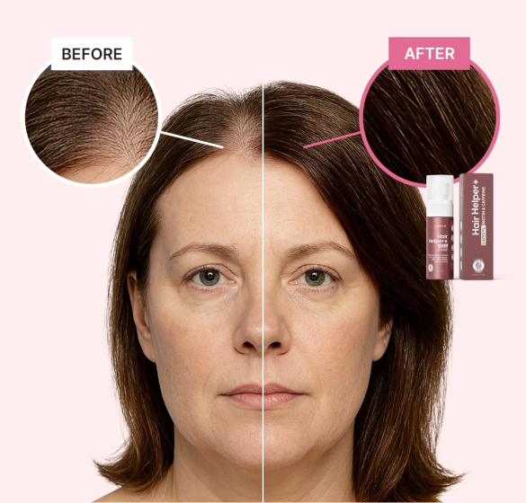 Split image showing hair before and after using a product, with close-up insets.