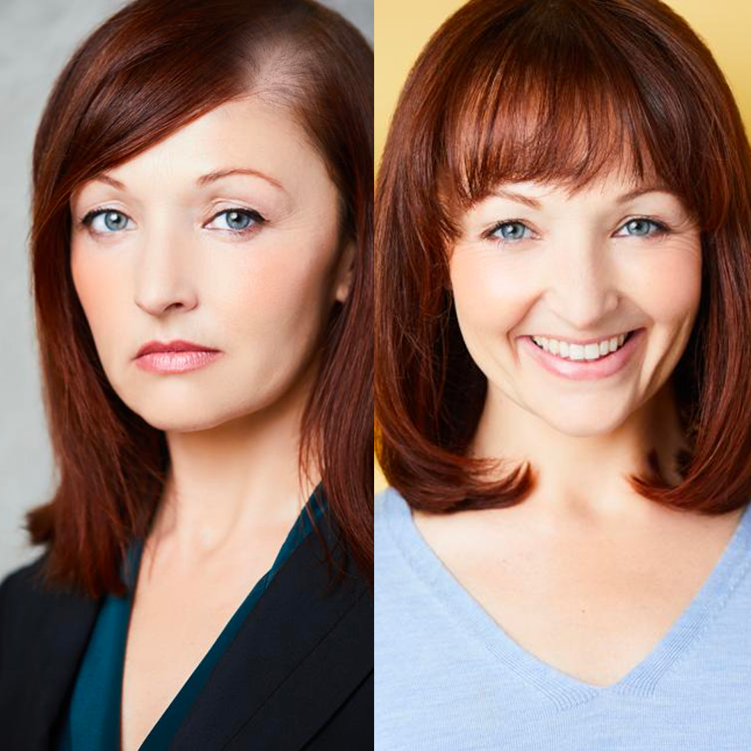 Side-by-side images: one serious, one smiling woman with red hair and blue eyes.