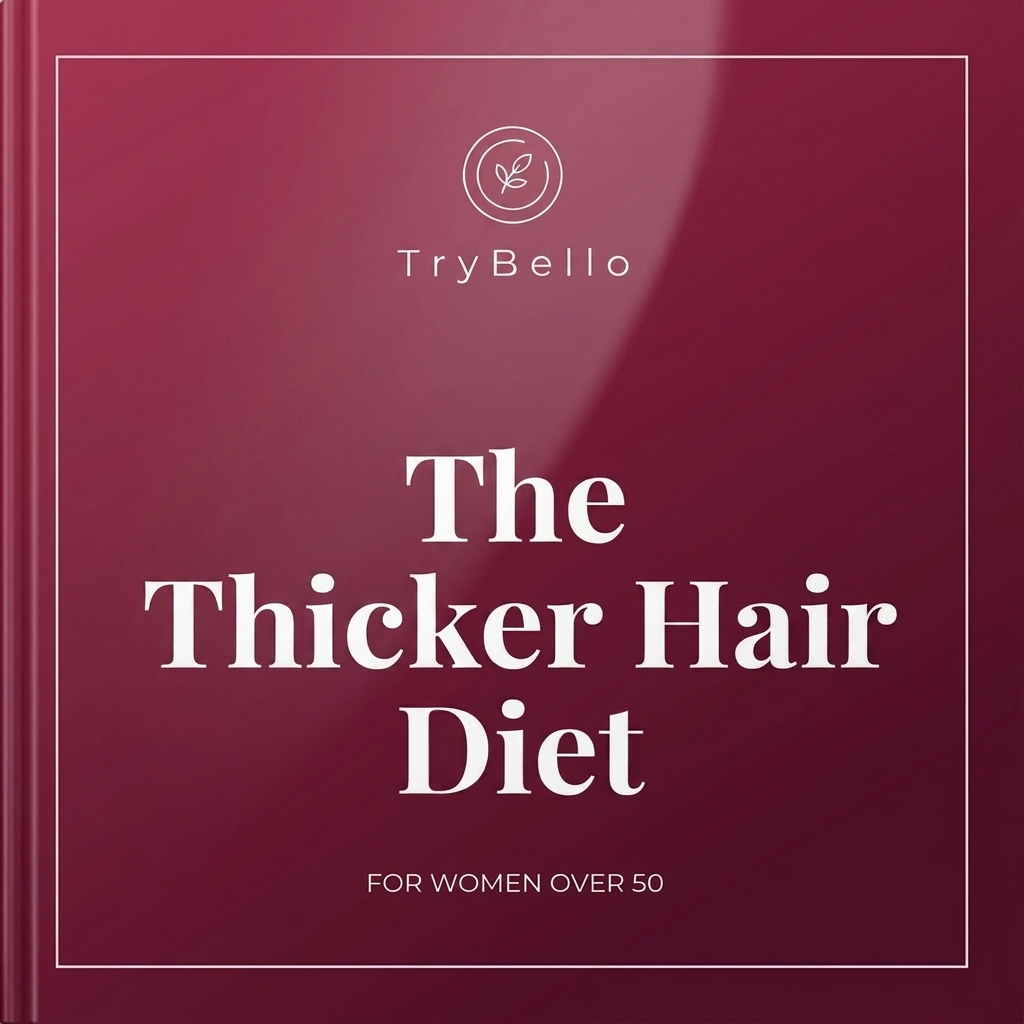 The cover of a book titled 'The Thicker Hair Diet for Women Over 50' by TryBello.