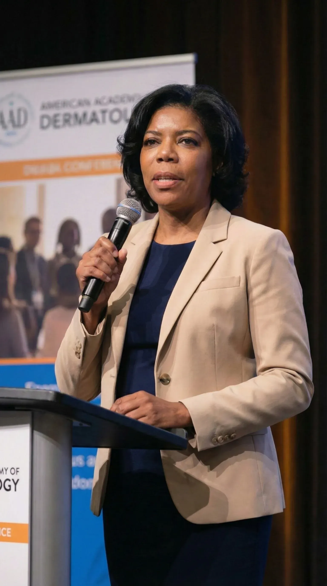 A Black woman in a tan blazer speaks into a microphone while standing at a podium.