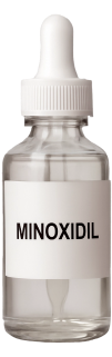 Clear bottle with dropper labeled 'Minoxidil.'