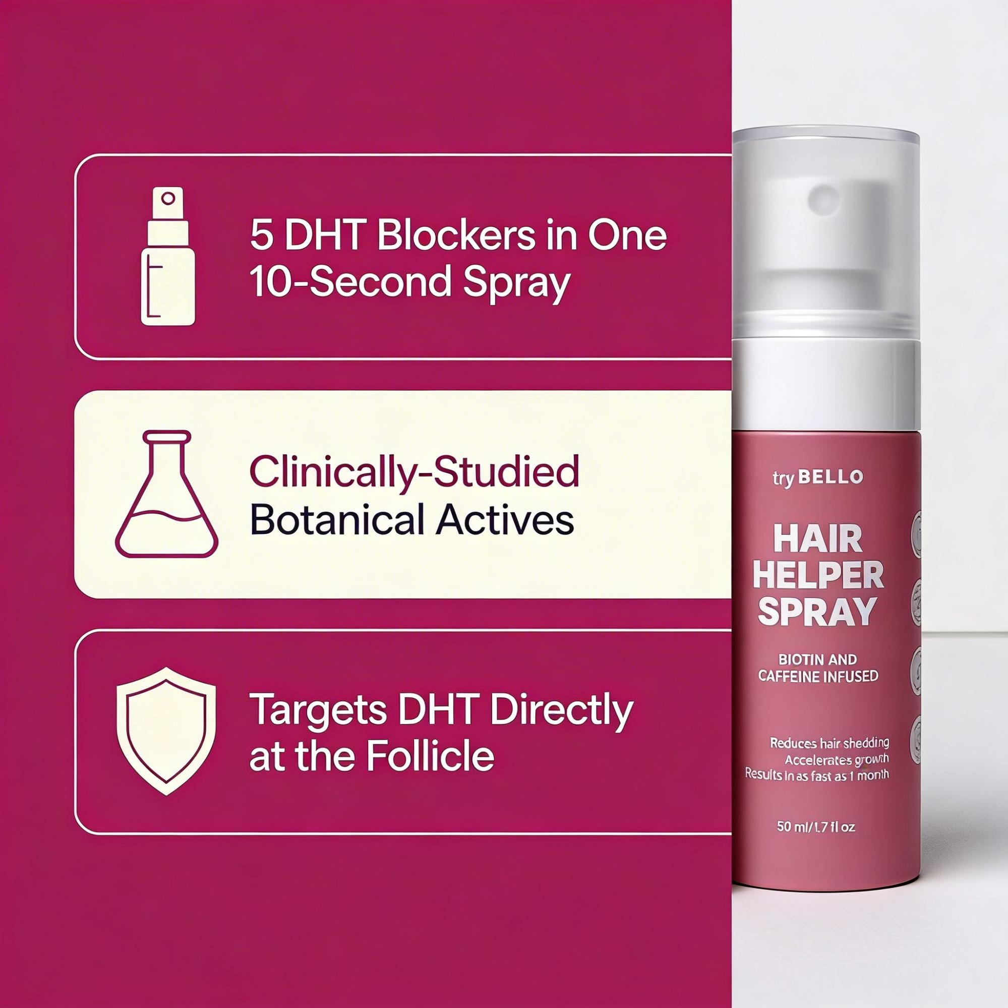 A bottle of try BELLO Hair Helper Spray next to a graphic listing its key features and benefits.