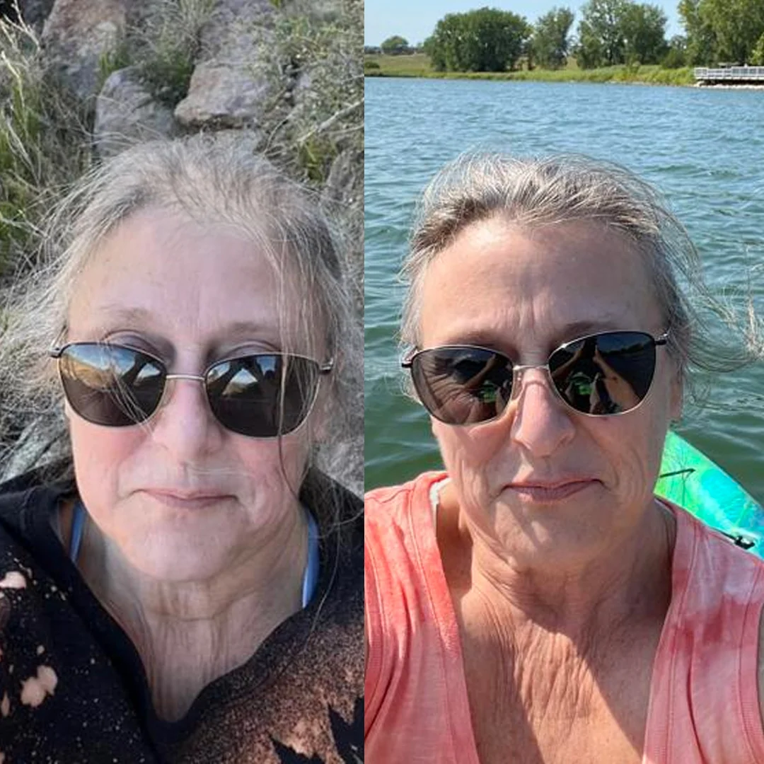 Two side-by-side selfies of a person wearing sunglasses outdoors.