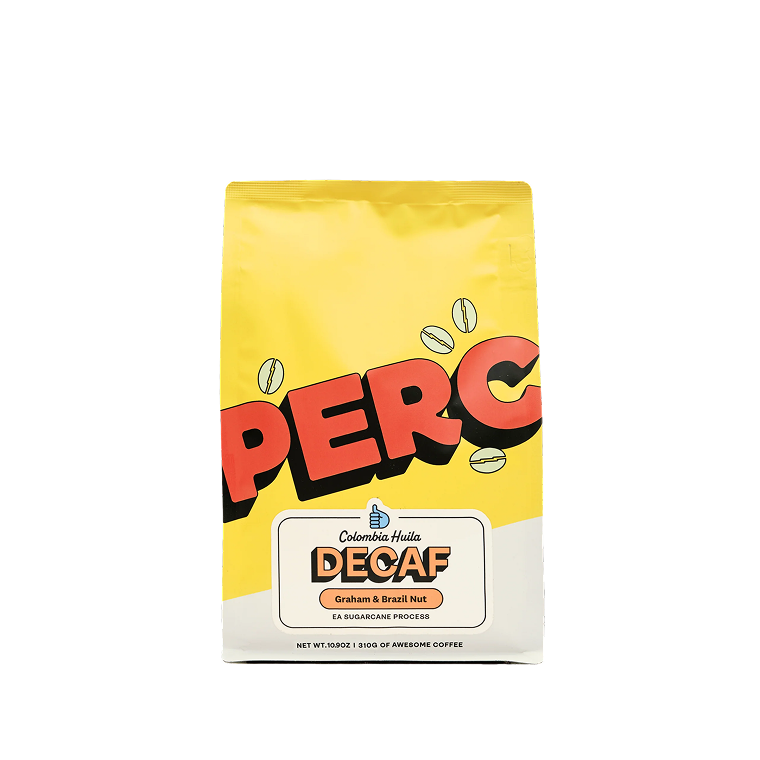 Yellow coffee bag labeled 'PERC' with 'DECAF' and coffee beans illustration.