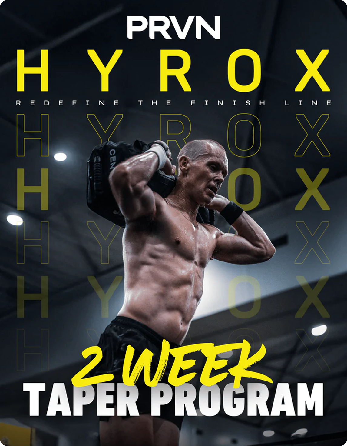 Man lifting weights with text overlay promoting a 2-week taper program.