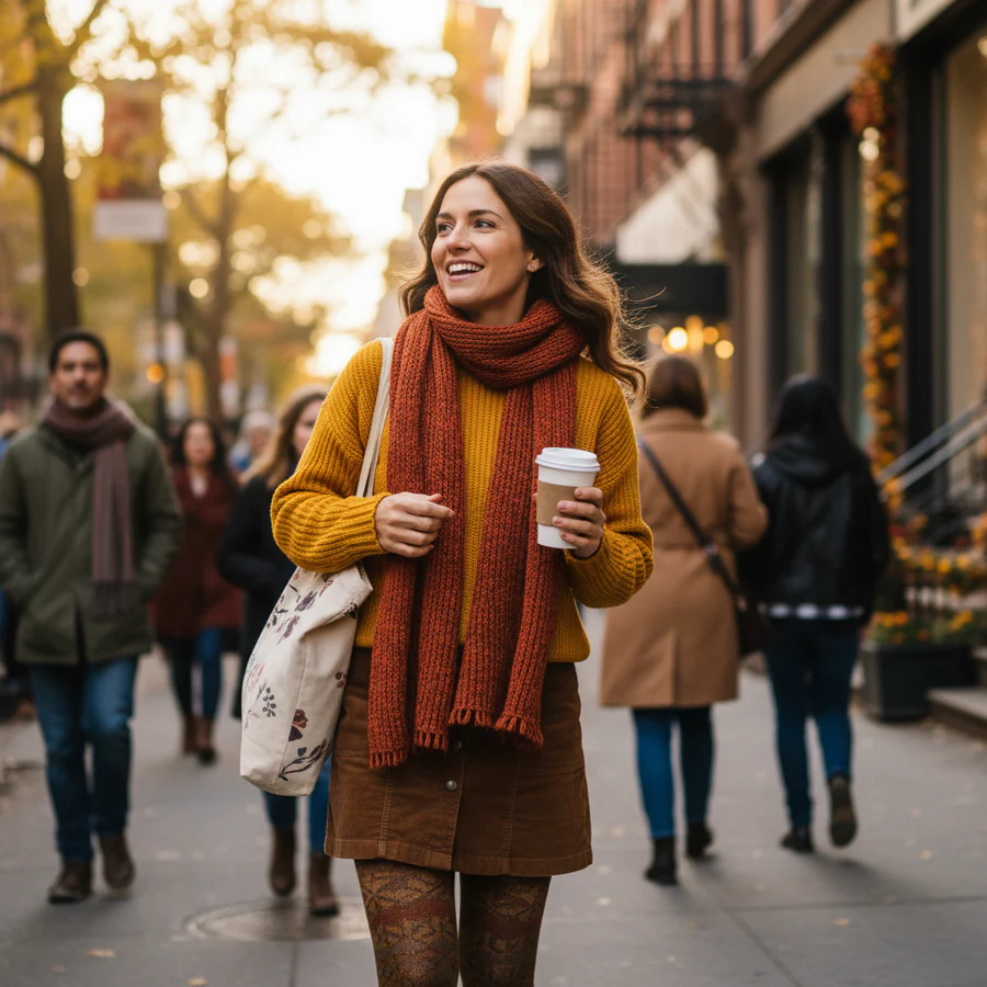 A smiling woman in a sweater and scarf walks down a city street holding a coffee cup.