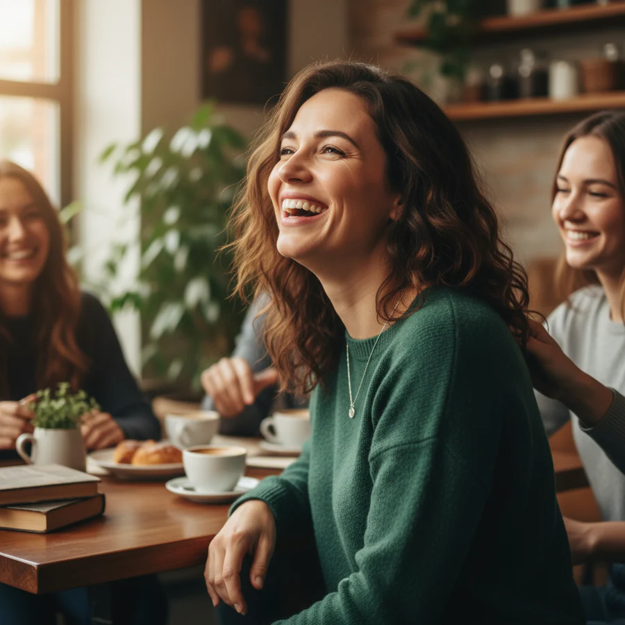 A woman in a green sweater laughs while sitting with friends at a cafe table.
