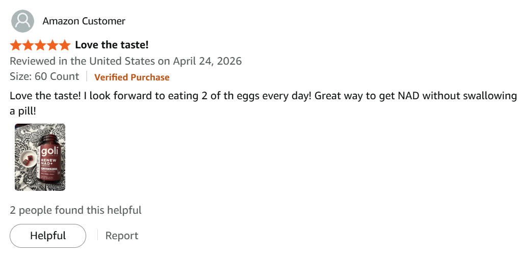 A screenshot of a five-star Amazon review for Goli Renew NAD+ supplements with a customer photo.