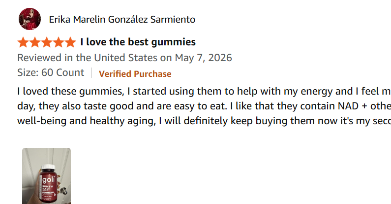 A five-star customer review for Goli gummies titled 'I love the best gummies', with a photo attached.