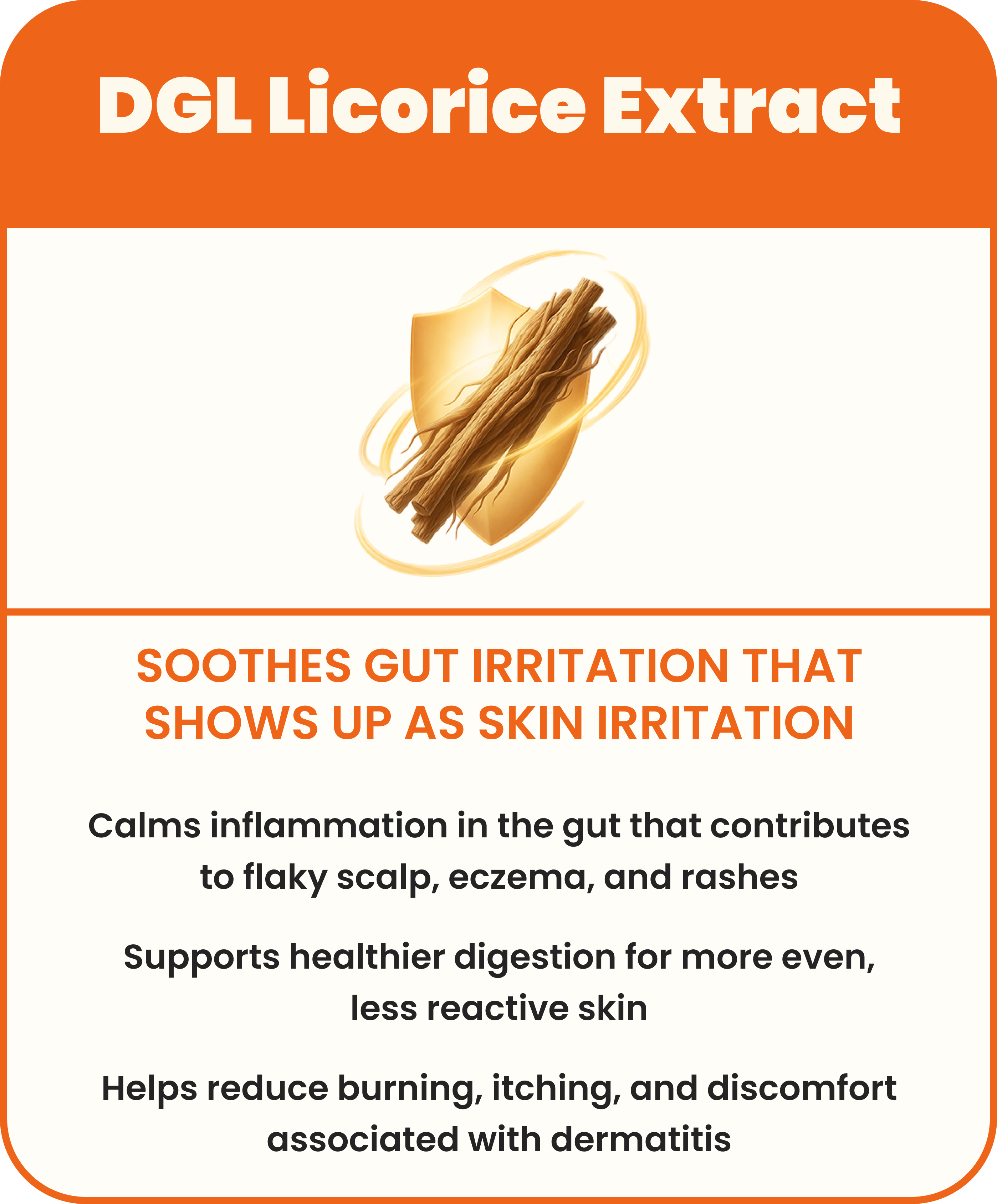 DGL Licorice Extract benefits for gut and skin irritation with illustration of licorice and shield.