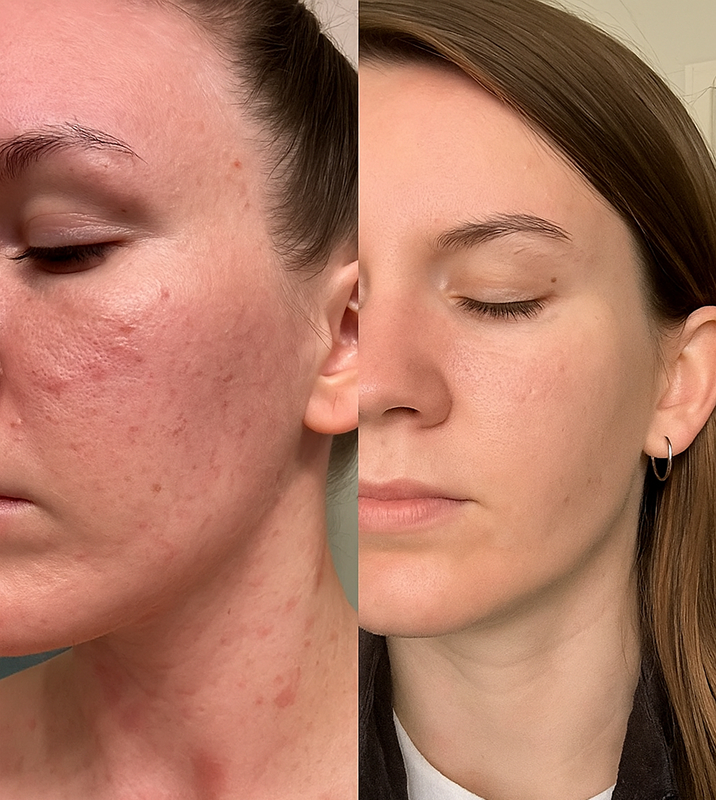 Side-by-side comparison of a person's face showing improvement in skin texture.