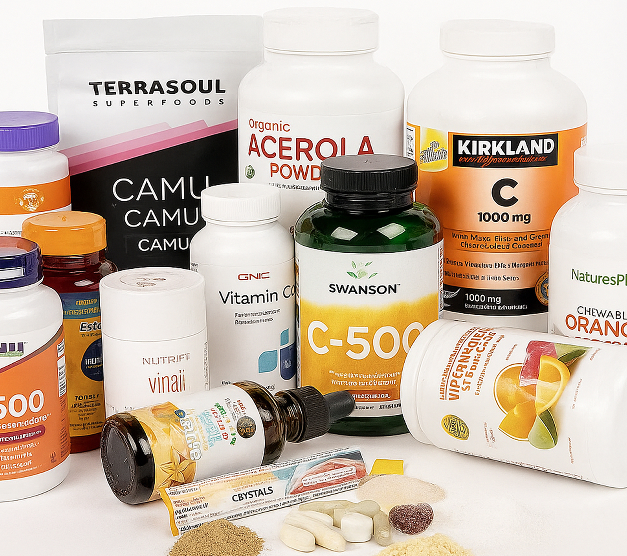 Assorted vitamin C supplements and powders displayed on a white background.