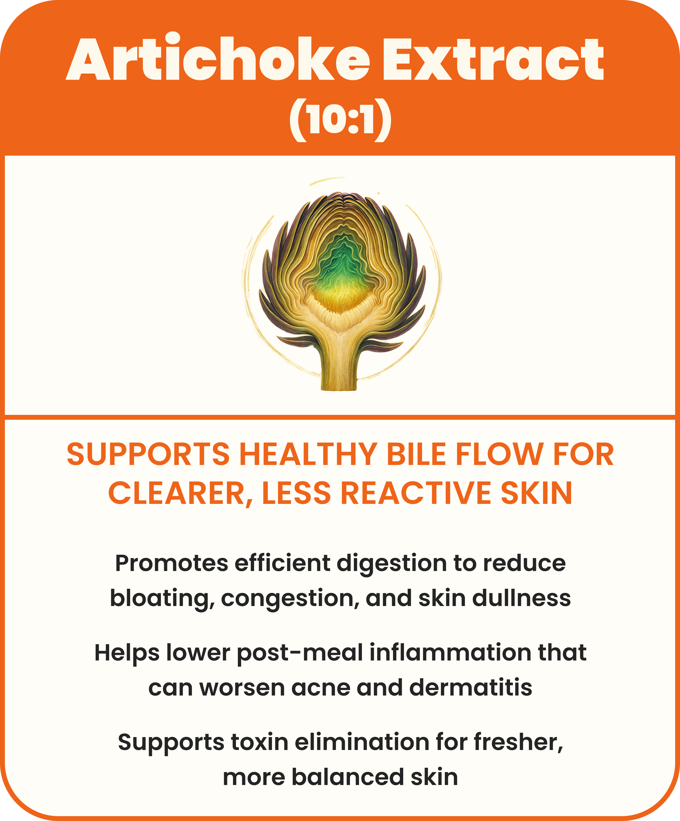 Artichoke Extract advertisement highlighting digestion, skin benefits, and bile flow support.
