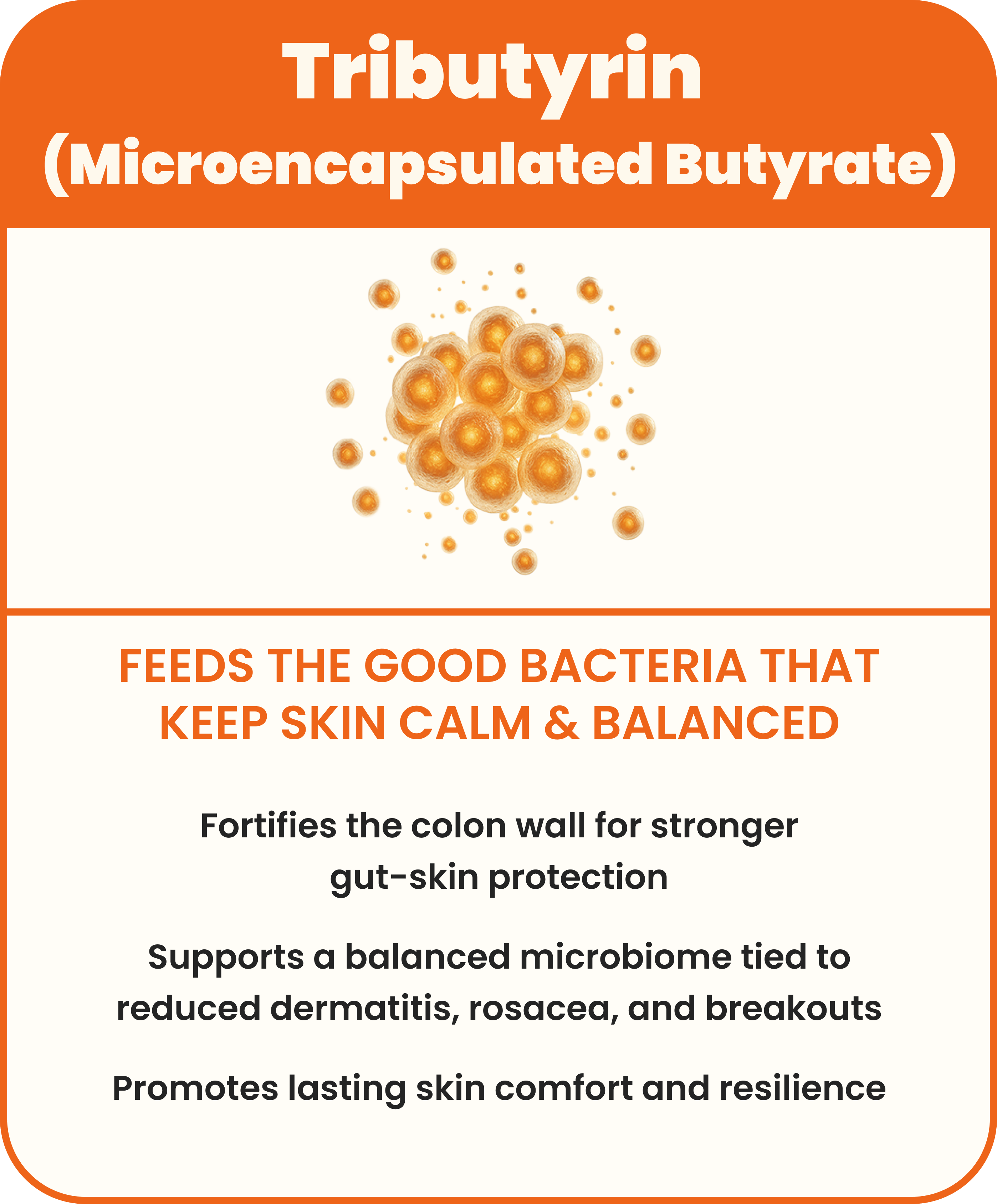 Tributyrin benefits summary with a microencapsulated graphic and skin health benefits text.