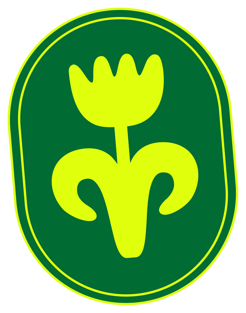 Green and yellow emblem with a stylized flower design.