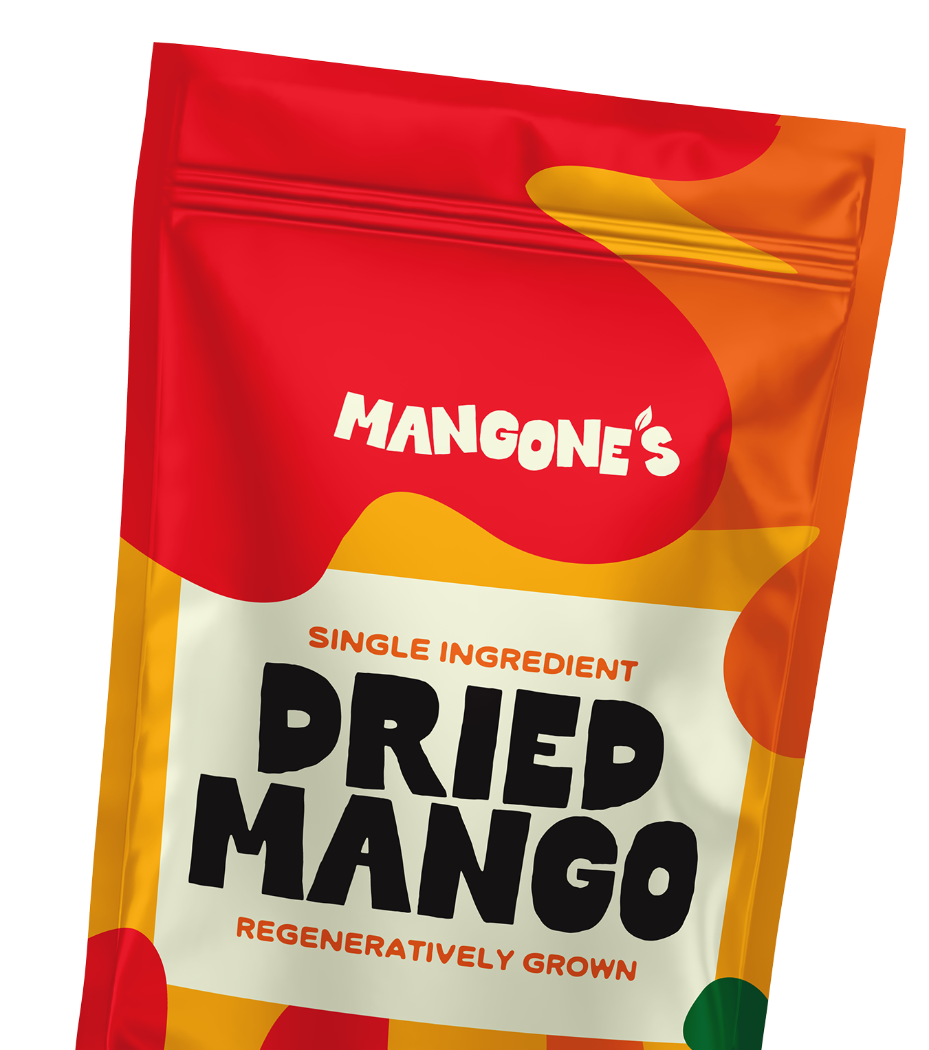 Colorful packaging of Mangone's single ingredient dried mango.