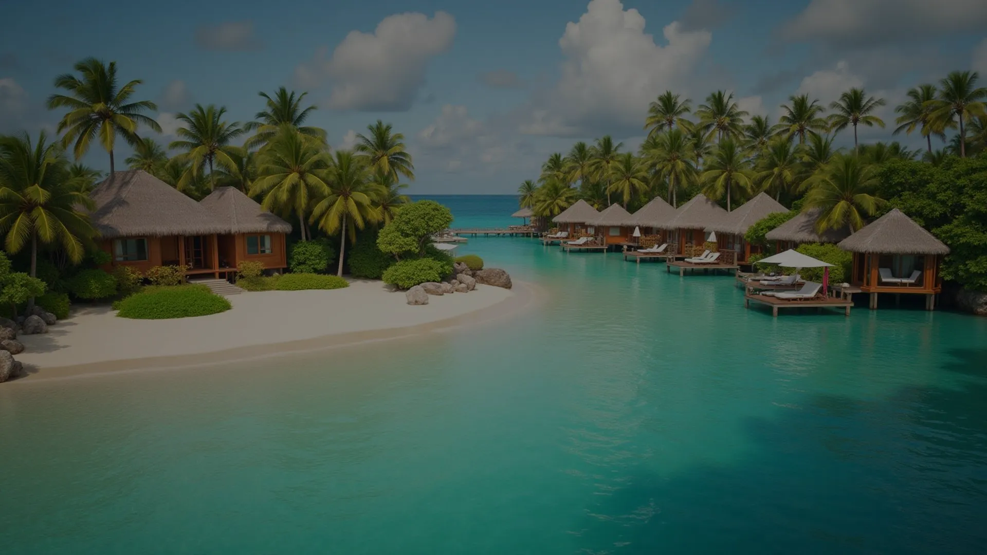 Tropical beach with palm trees and overwater bungalows on turquoise water.