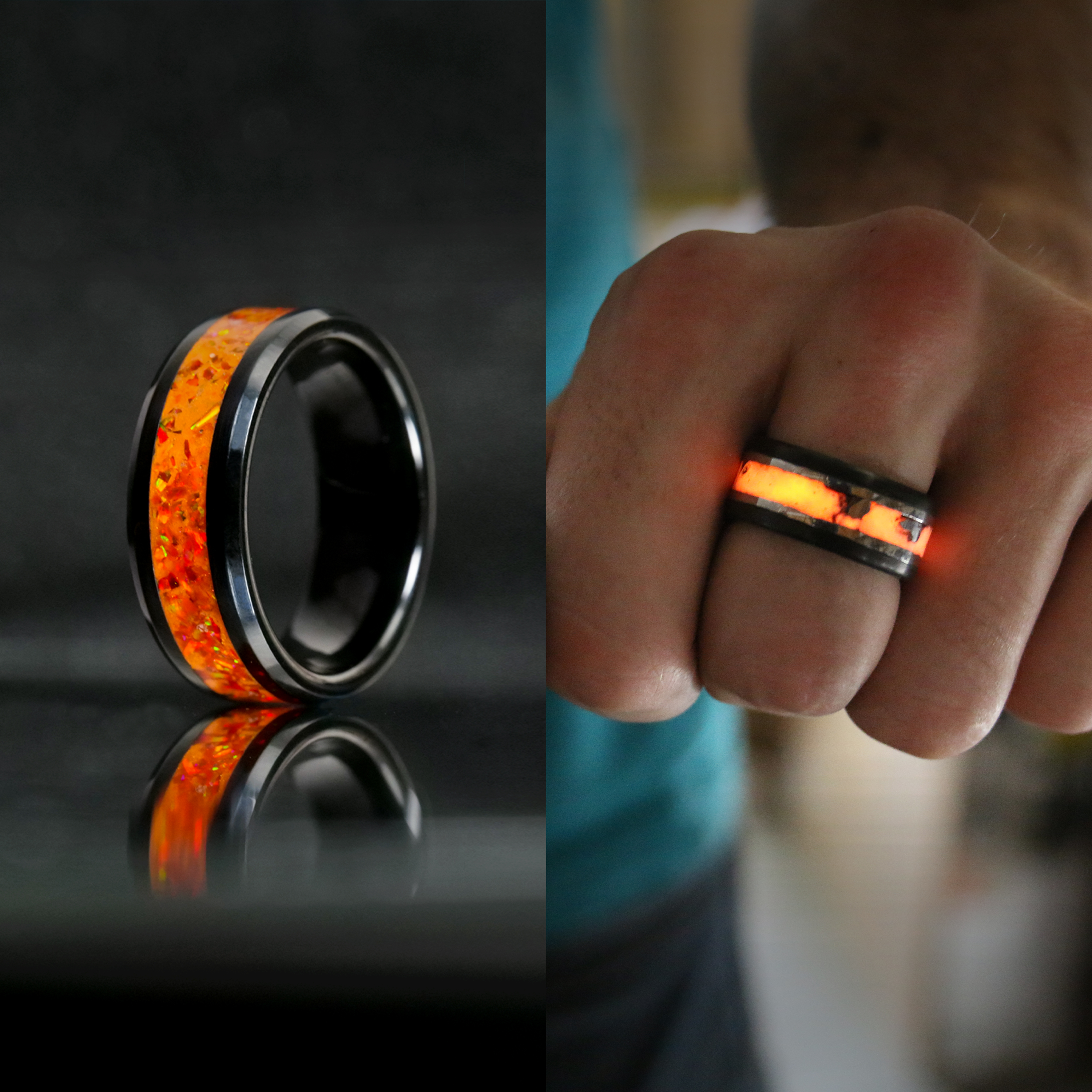 A split image showing a black ring with an orange inlay, which glows when worn on a hand.