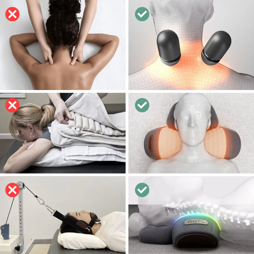 Comparison of massage techniques with checkmarks and crosses indicating approval or disapproval.