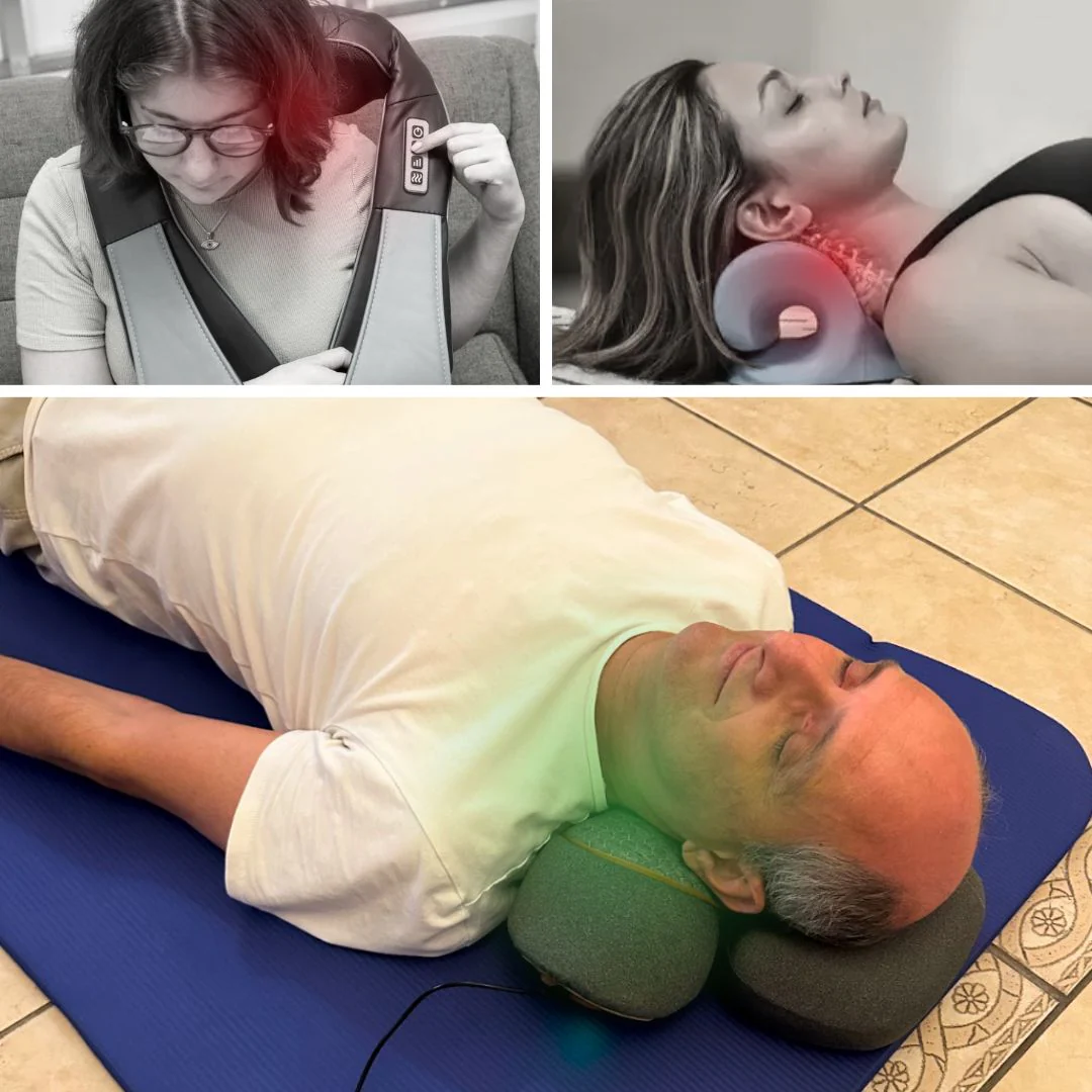 Collage of people using neck and back massagers in different positions.