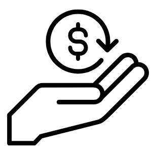 A line art icon of a hand holding a dollar coin with a circular arrow around it.