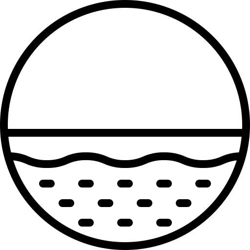 A black and white line art icon of a circle divided, with a wavy, dotted pattern below.