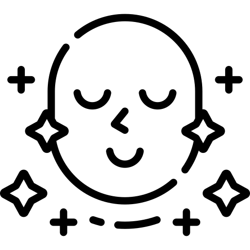 A line drawing icon of a smiling face with closed eyes, surrounded by sparkles and plus signs.