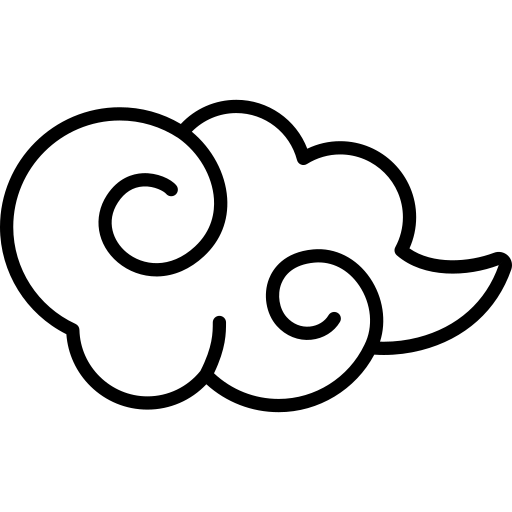 A black line drawing of a stylized, swirling cloud against a transparent background.