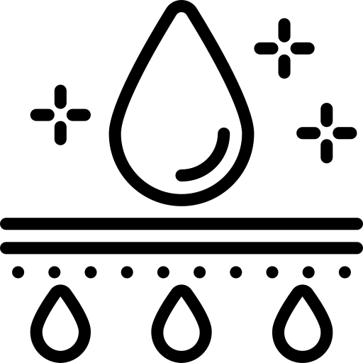 A line icon of a water drop filtering through a membrane, creating smaller, clean drops.