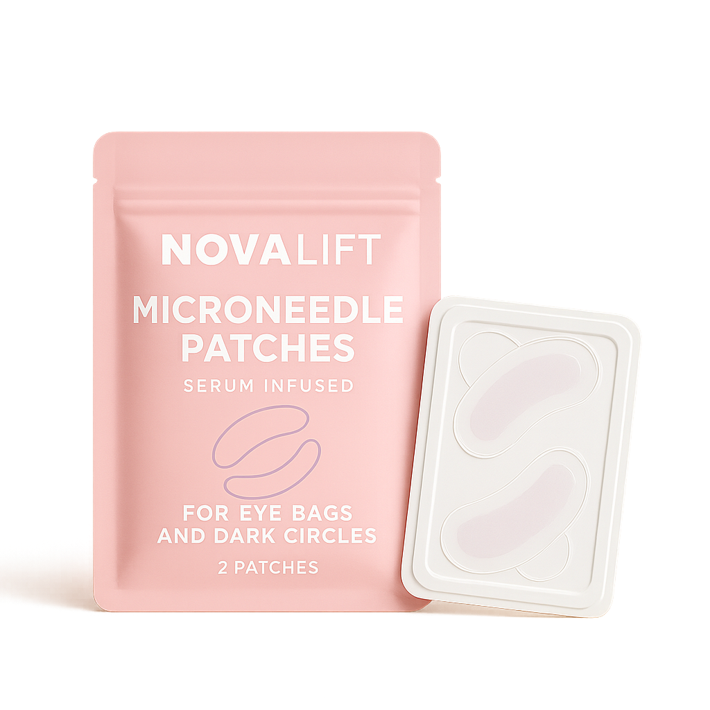 A pink pouch of Novalift Microneedle Patches next to a tray holding the two under-eye patches.