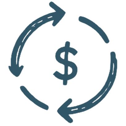Blue dollar sign with circular arrows around it.