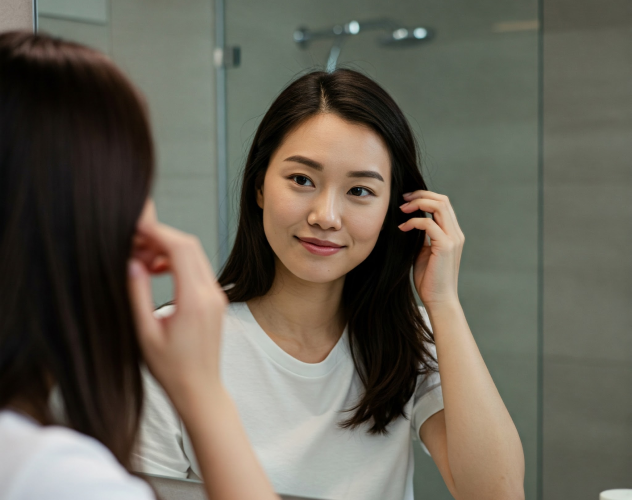 Woman in white shirt looking at herself in a bathroom mirror.