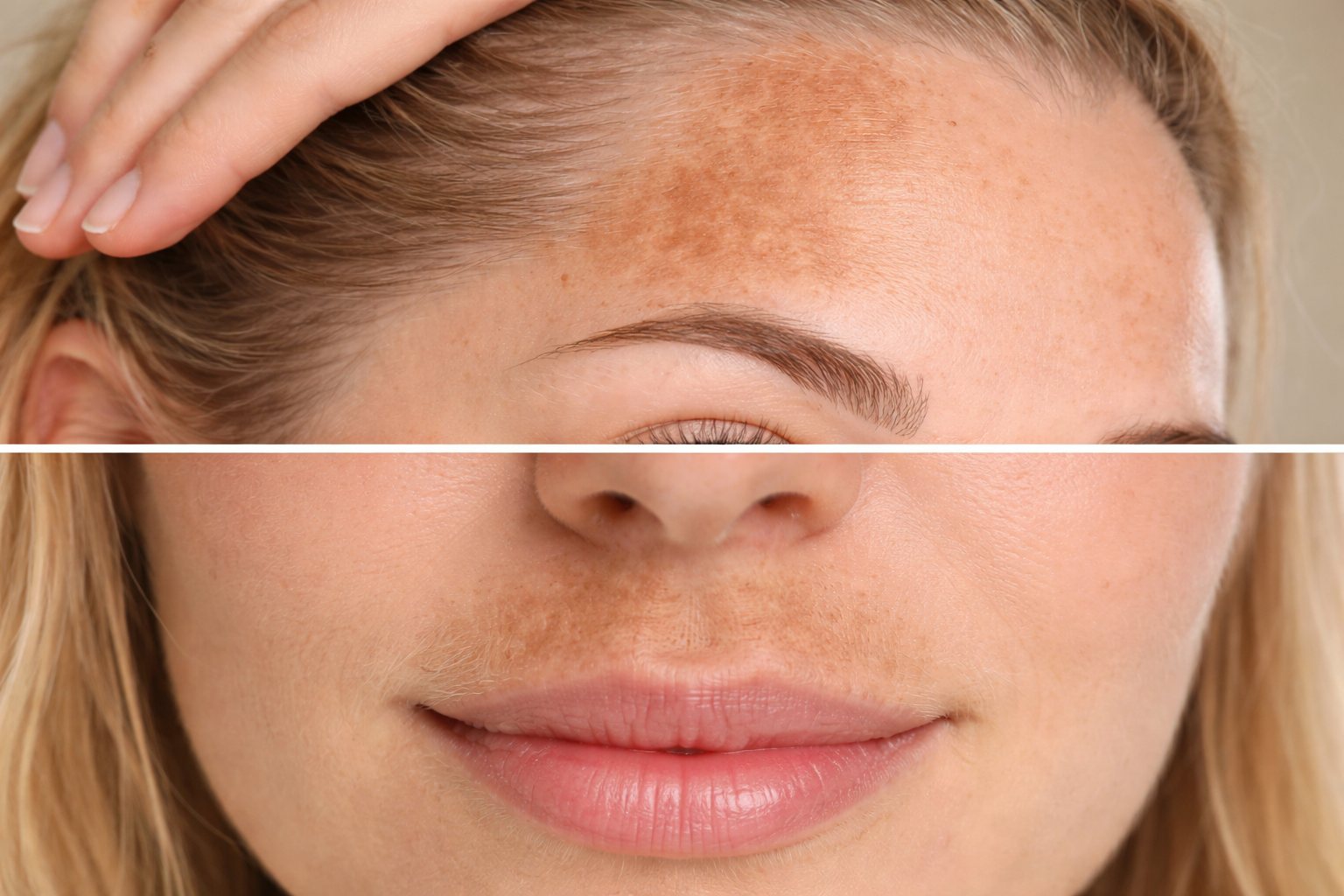 A split image showing a woman's face with hyperpigmentation on her forehead versus clearer skin below.
