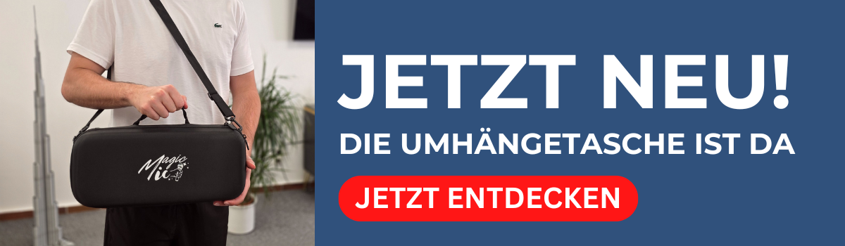 Person holding a black shoulder bag with text overlay in German.