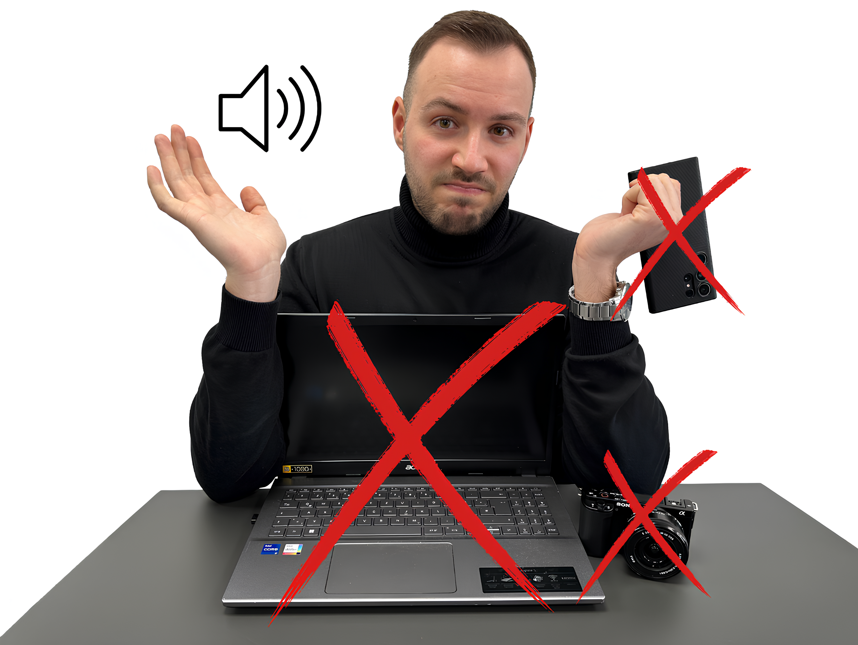 Man shrugging with laptop, smartphone, and camera crossed out, with sound icon.
