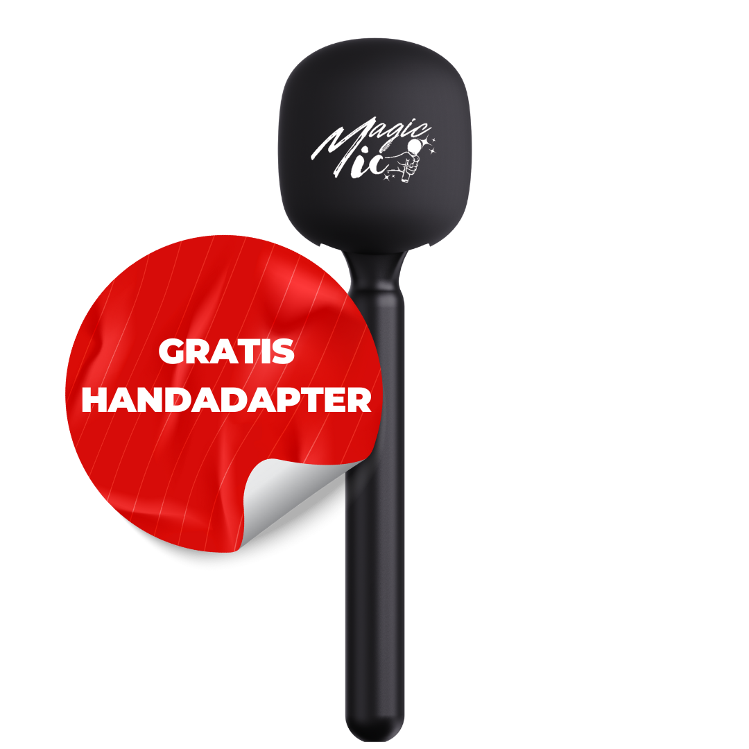 Black microphone with 'Magic Mic' logo and red sticker saying 'Gratis Handadapter.'