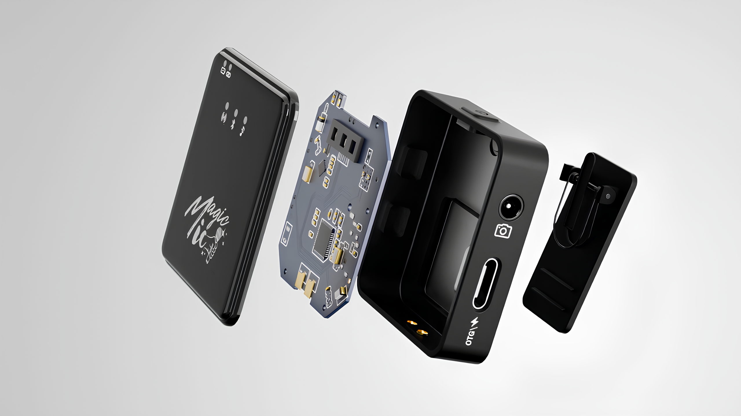Exploded view of an electronic device with circuit board and components.