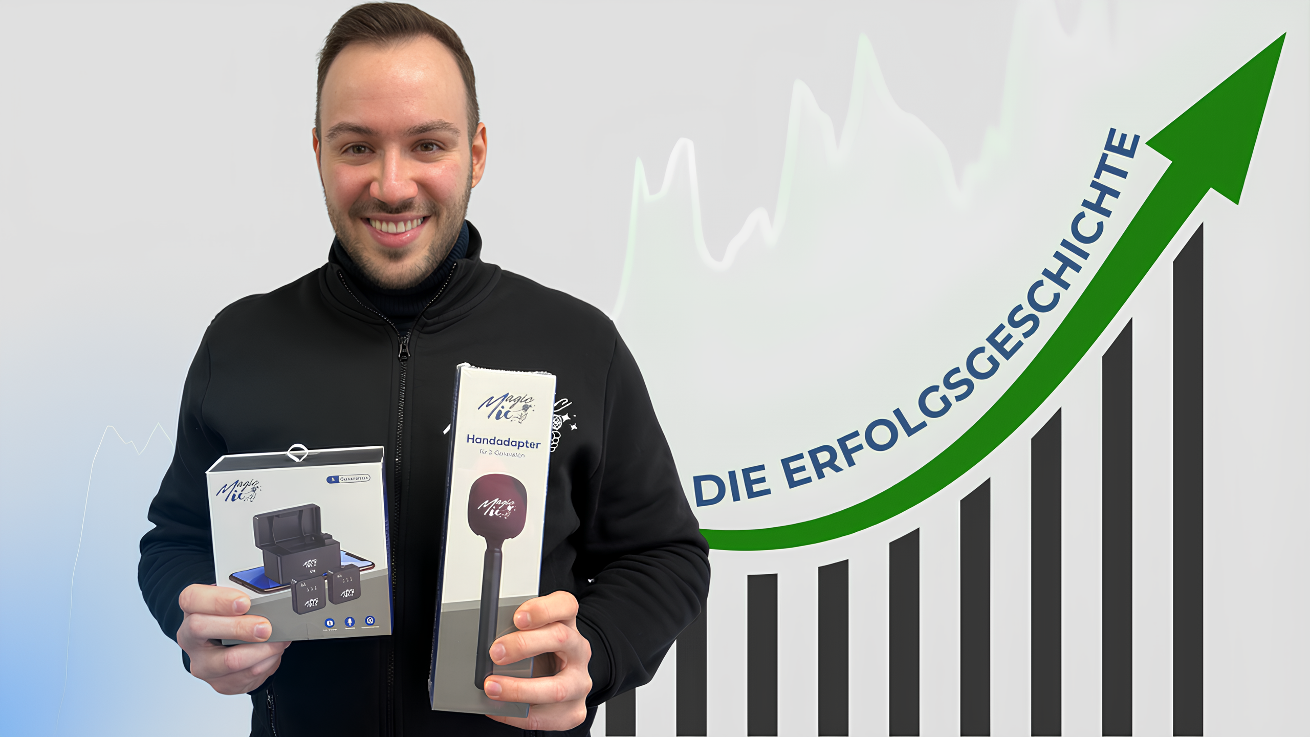 Man smiling, holding Magic Mic product packages, with growth graph background.