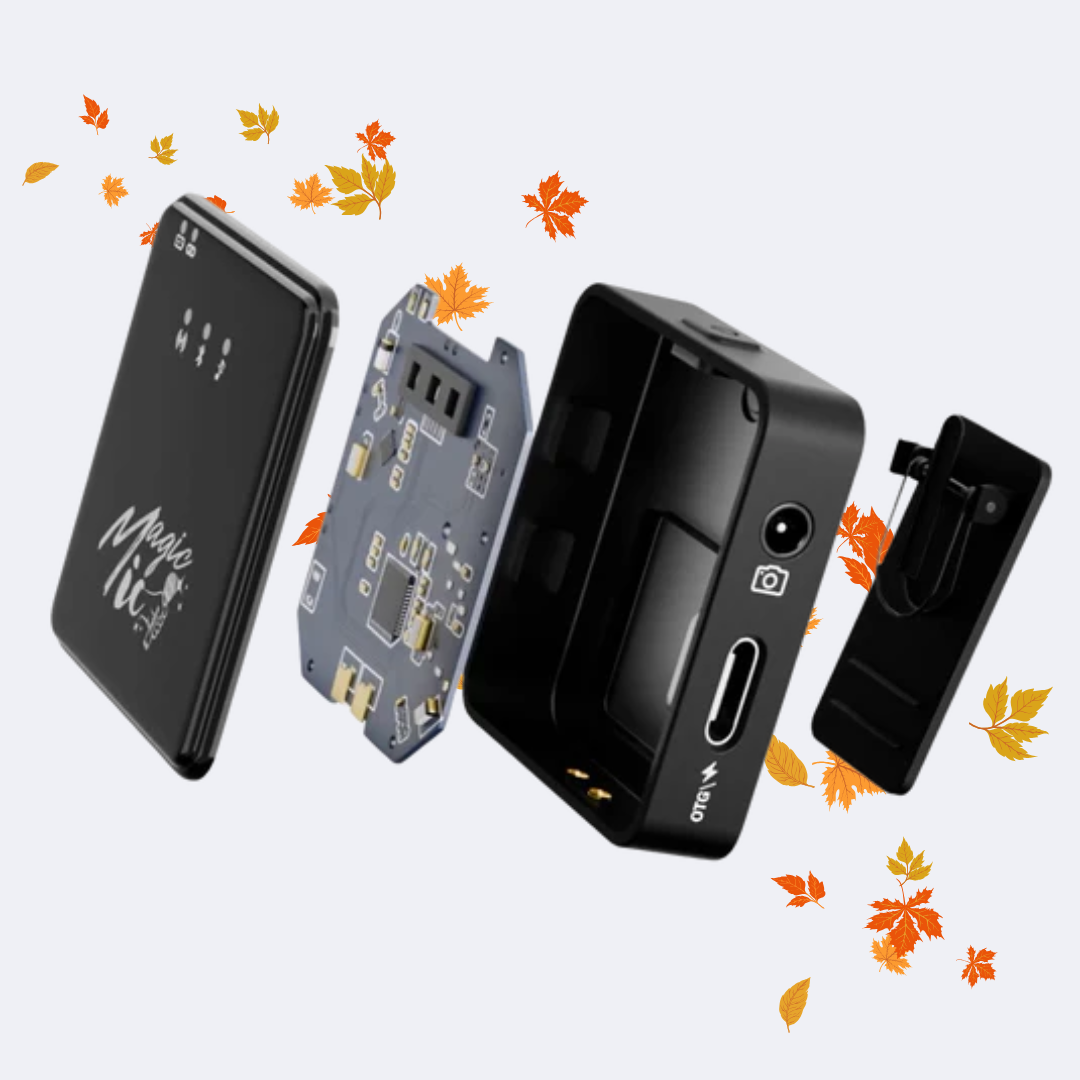 Exploded view of a black electronic device with circuit board and autumn leaves.