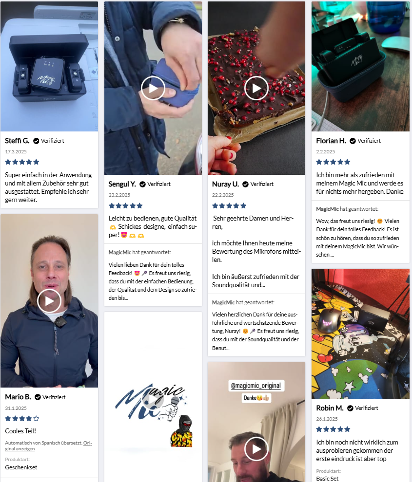 Customer reviews and images of a microphone product called MagicMic, with various users expressing satisfaction.