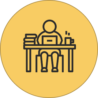 Icon of a person sitting at a desk with a laptop, books, and a coffee cup.