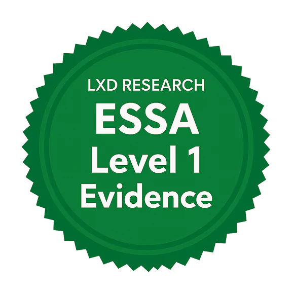Green badge with text 'LXD Research ESSA Level 1 Evidence'.