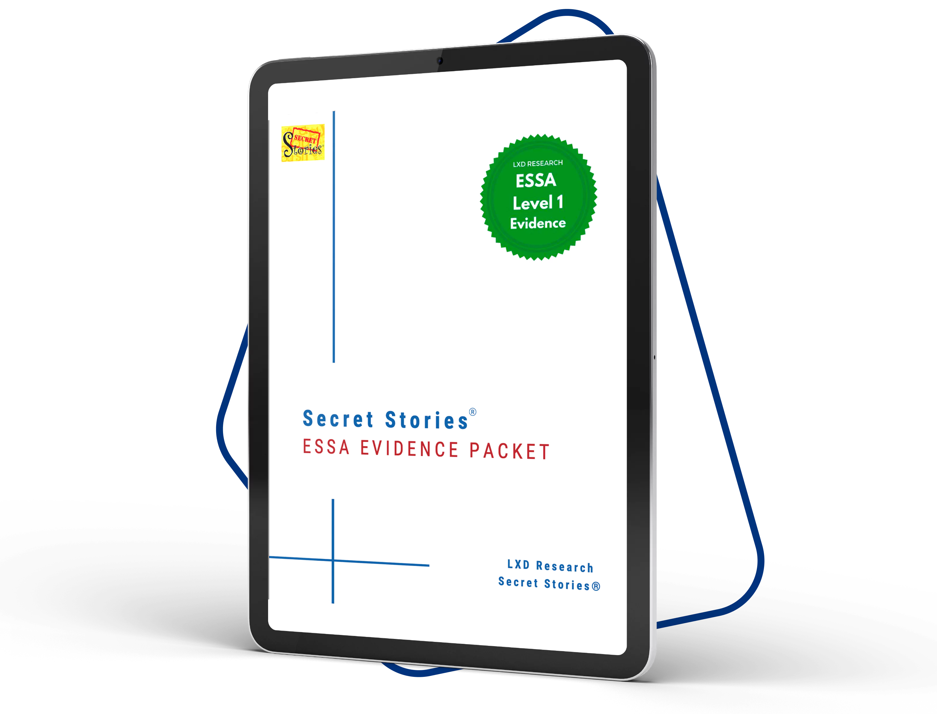 Tablet displaying 'Secret Stories' ESSA Evidence Packet cover.