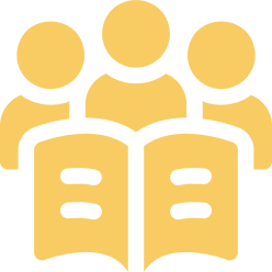 Yellow icon of three people behind an open book.