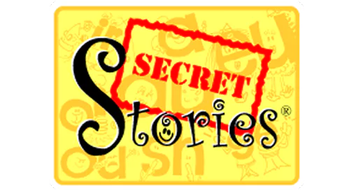 Yellow background with 'Secret Stories' text and playful doodles.
