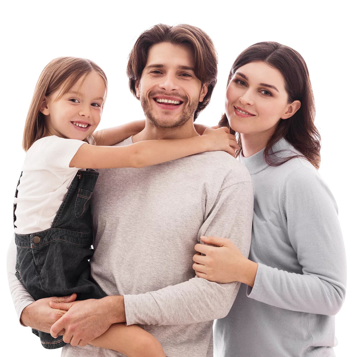 A smiling family of three posing together against a white background.
