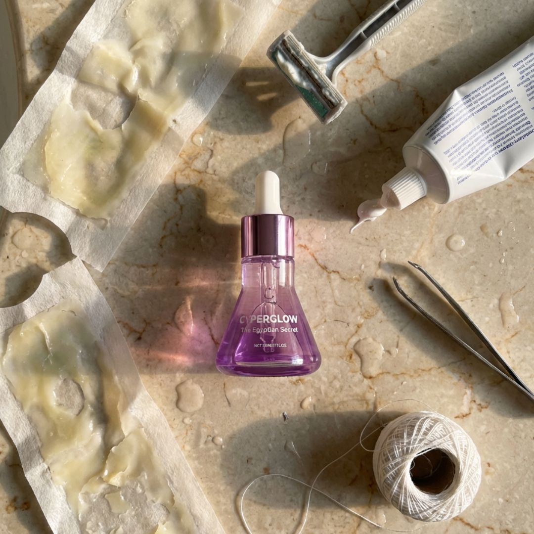 An overhead shot of a purple serum bottle surrounded by various hair removal tools on a marble surface.
