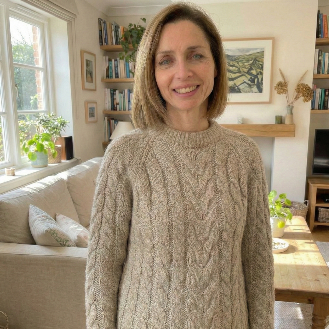 A smiling woman with shoulder-length brown hair wearing a beige cable-knit sweater in a sunlit living room.